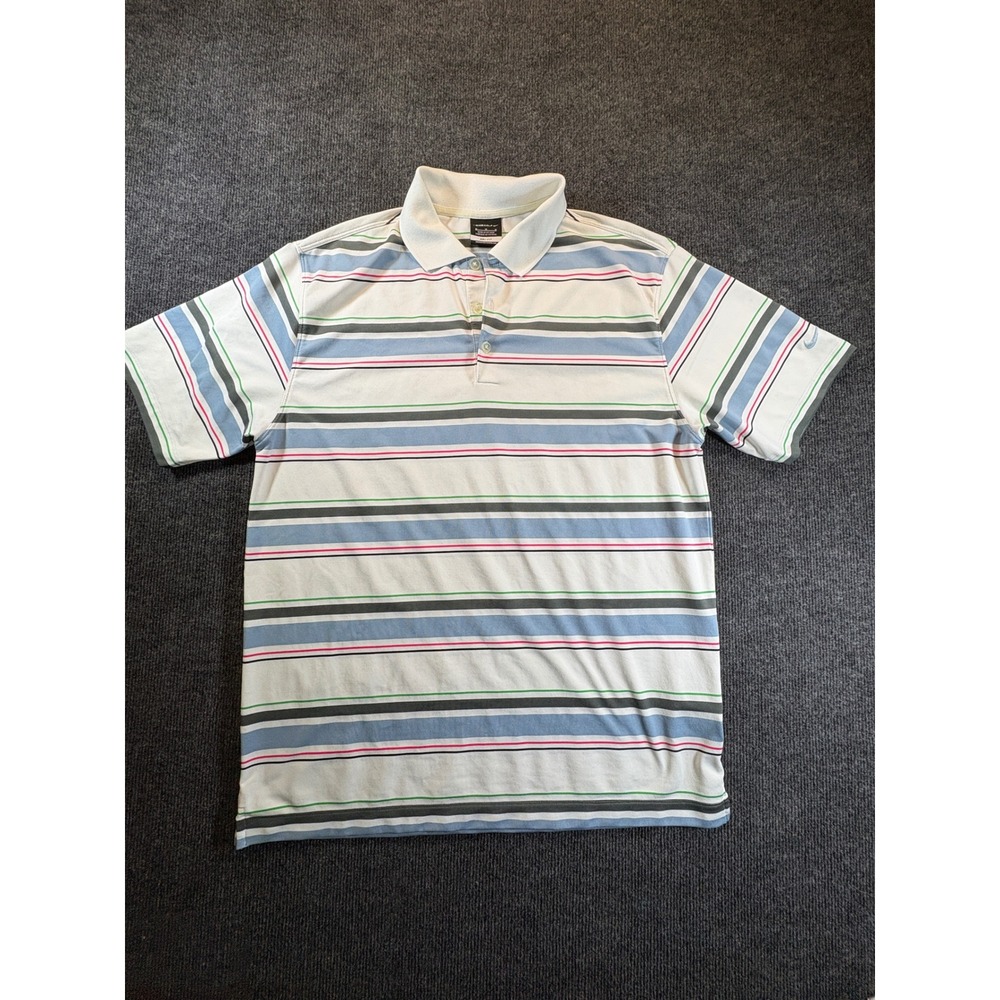 Nike Golf Mens Dri-FIT Striped Polo Shirt White Blue Grey Pink Size M 1002